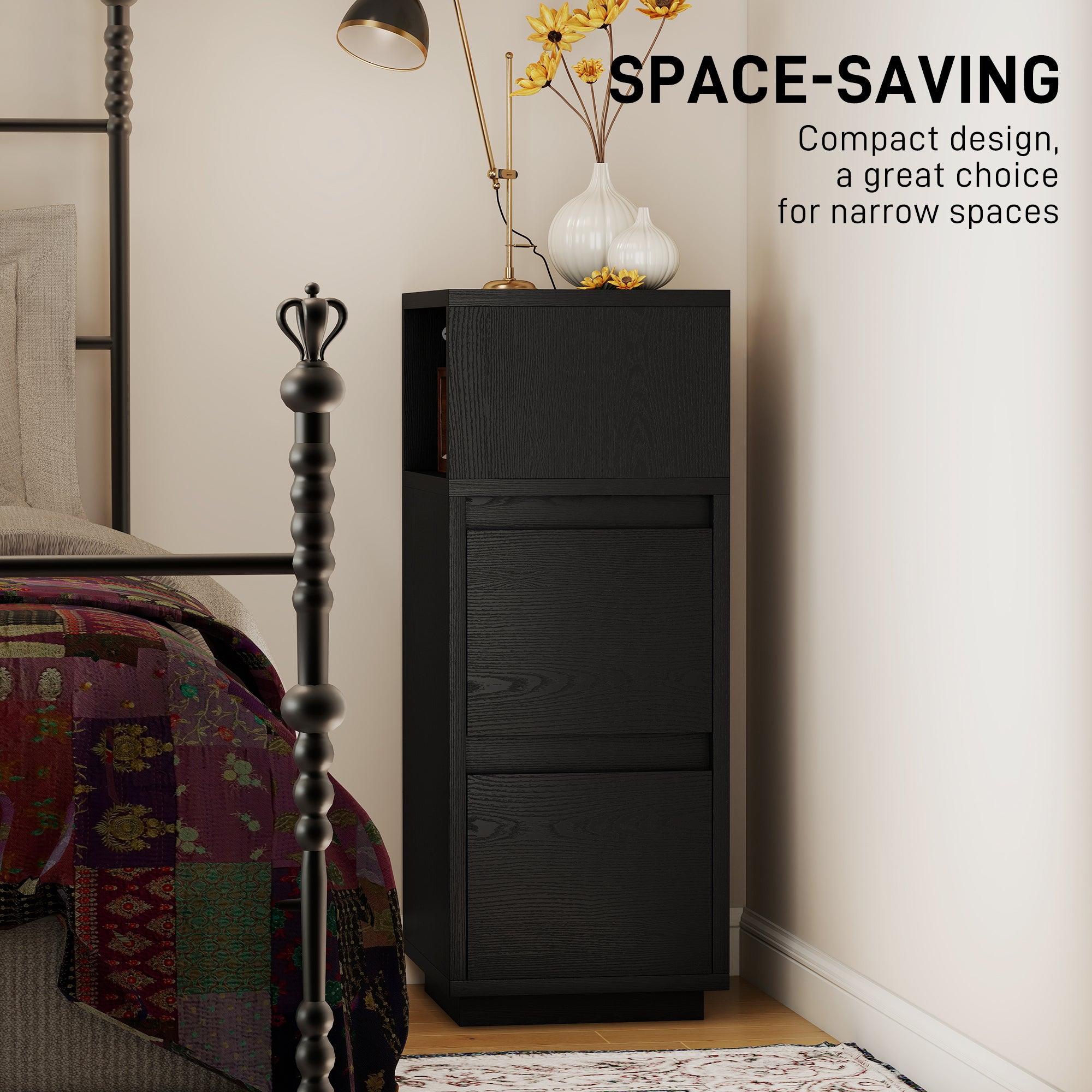 HOMCOM Slim Bedside Table, Narrow Bedside Cabinet with Open Shelf and 2 Drawers for Bedroom, Living Room, Black 