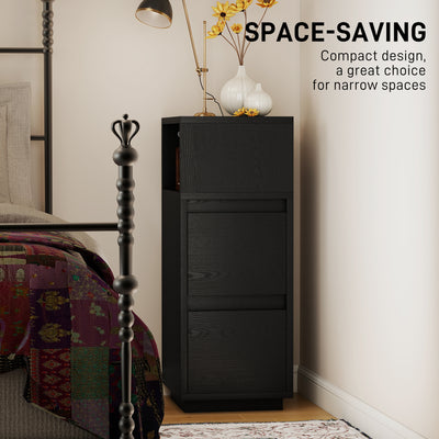 HOMCOM Slim Bedside Table, Narrow Bedside Cabinet with Open Shelf and 2 Drawers for Bedroom, Living Room, Black 