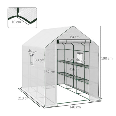 Outsunny Walk-in Greenhouse with 3 Tier 12 Shelves, Small Greenhouse with Reinforced PE Cover, Garden Plant Growhouse with Roll-up Door and Three Mesh Windows, 140 x 213 x 190 cm, White 