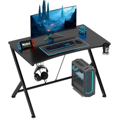 HOMCOM Gaming Desk 108 x 66 cm PC Computer Desk with Whole Board, A Shaped Gaming Table for Home Office with Cup Holder and Headphone Hook, Black 