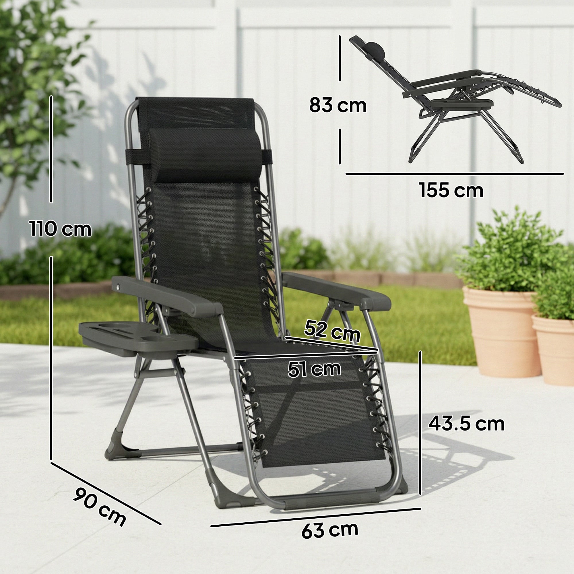 Outsunny Zero Gravity Chairs Set of 2, Folding Sunloungers Reclining Garden Chairs with Cup Holder, Headrest, Black 