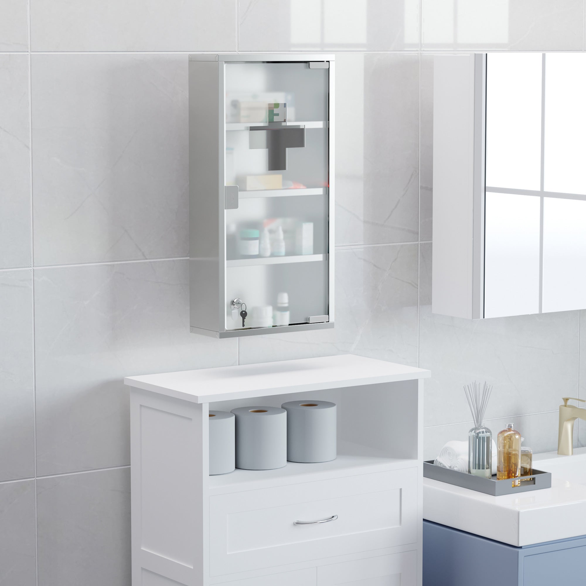 HOMCOM 4 Tier Stainless Steel Wall Mounted Medicine Cabinet Glass Lockable Door Storage Shelves Houseware Bathroom Furniture 60Hx30Wx12D(cm) w/2 Keys 