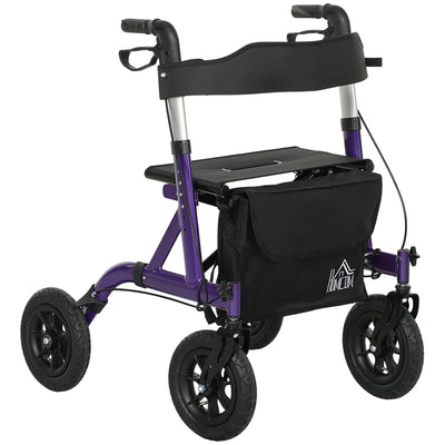 HOMCOM Folding Rollator Walker with Seat, Backrest, Lightweight Walking Frame with Storage Bag, Dual Brakes, All-terrain Wheels, Adjustable Handle Height, 4 Wheeled Walker for Seniors, Purple 