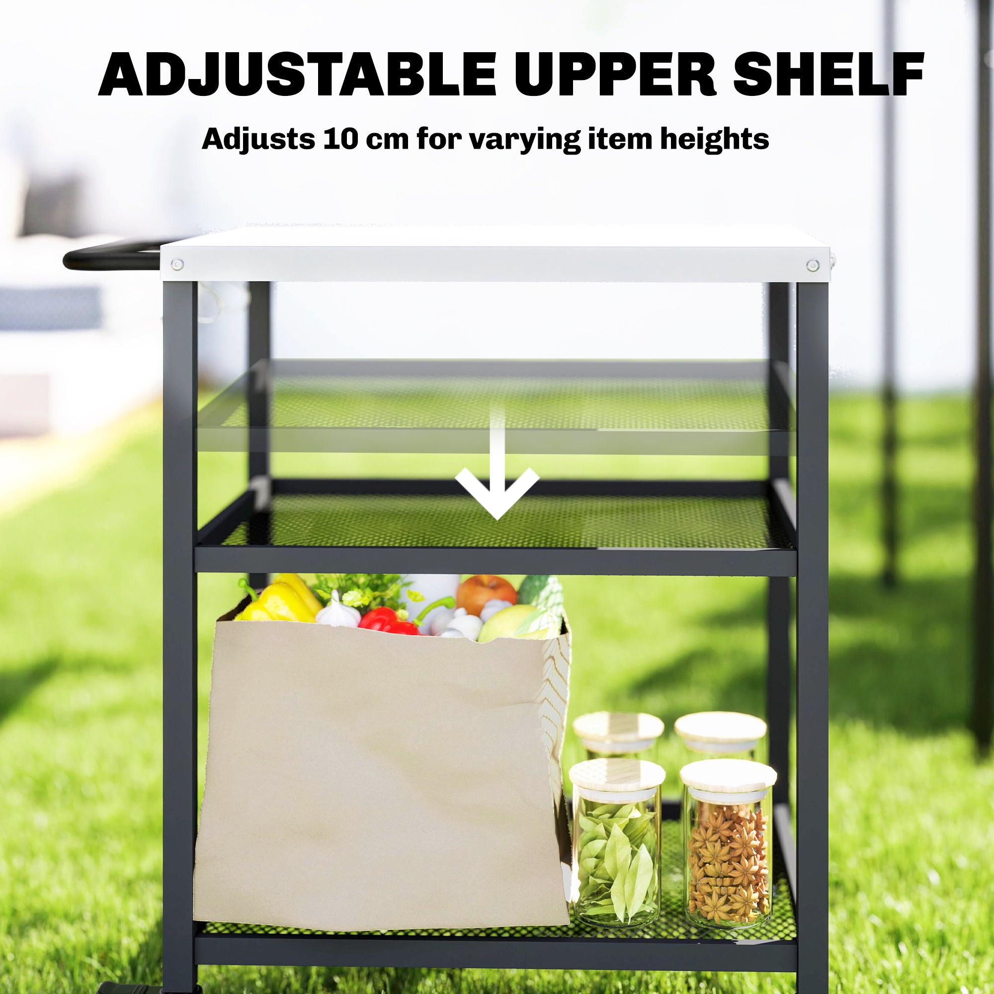Outsunny Outdoor Grill Cart with Stainless Steel Tabletop, 3-Tier Pizza Oven Stand with Adjustable Shelf, Hooks, Wheels, Black 