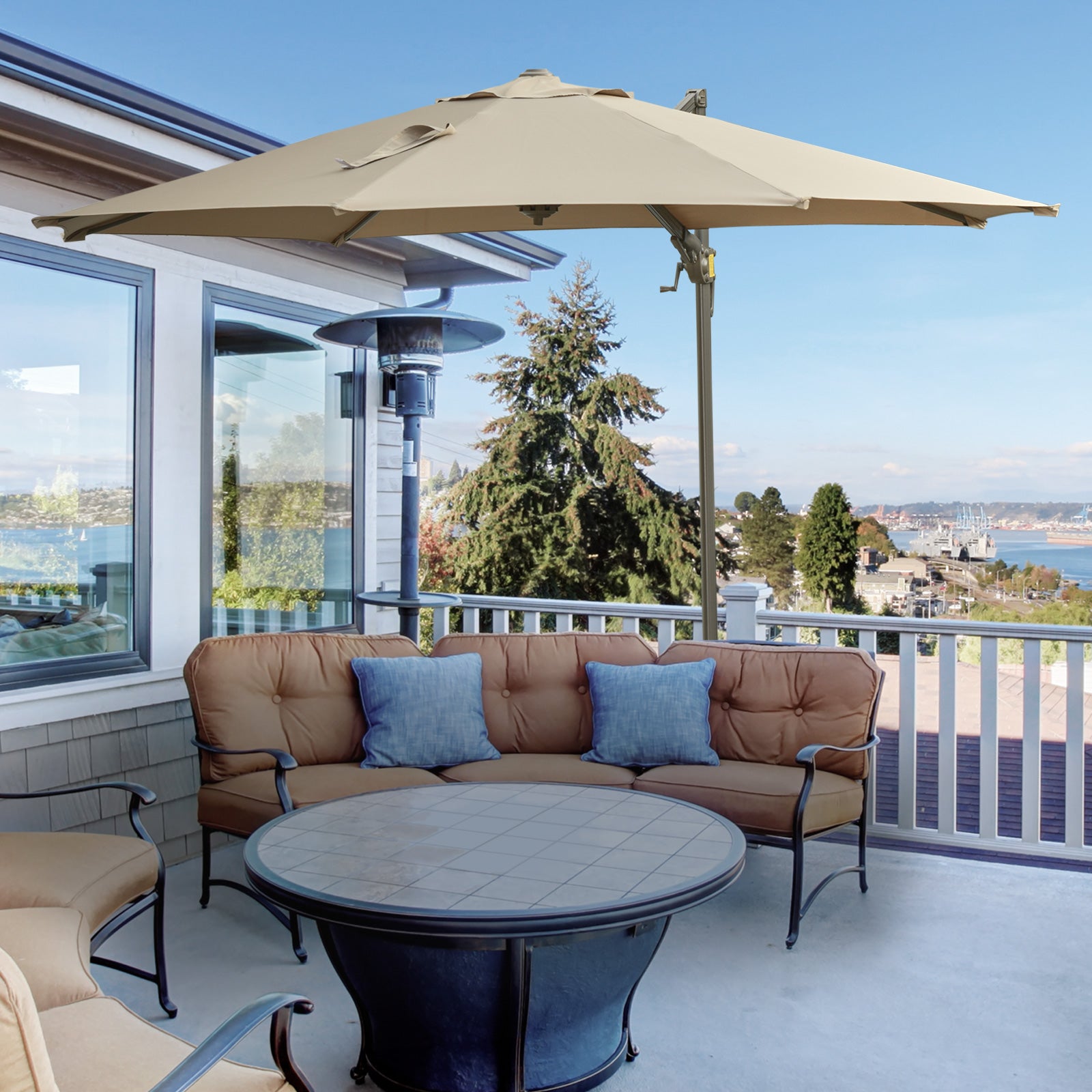 Outsunny 3m Beach Hanging Umbrella Parasol - Khaki 