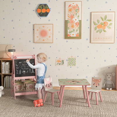 ZONEKIZ Kids Table and Chair Set and Kids Easel with Paper Roll, Storage Baskets, Kids Activity Furniture Set, Pink 