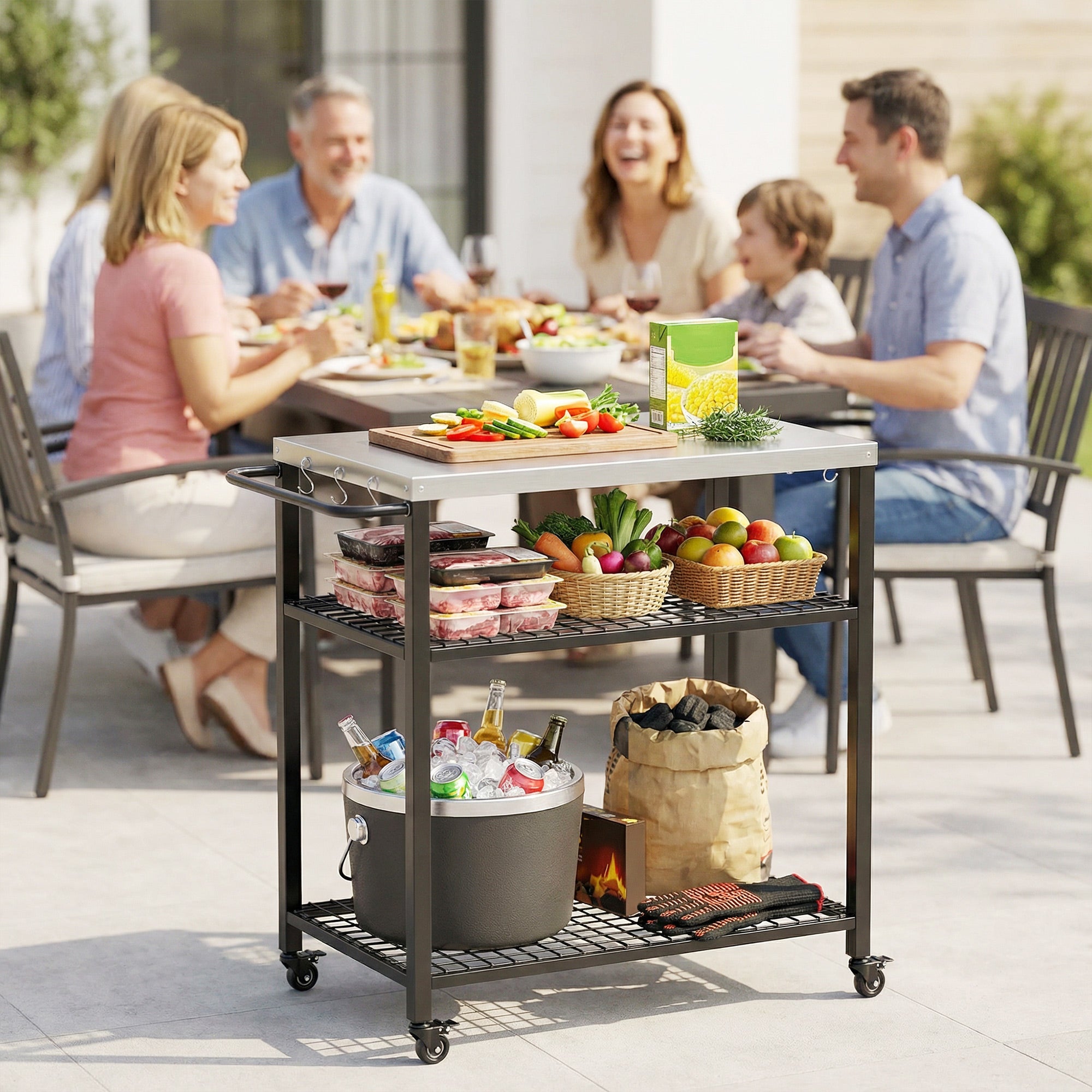 Outsunny Outdoor Grill Cart with Stainless Steel Tabletop, 3-Tier Pizza Oven Stand with 2 Shelves, 6 Hooks, Wheels, Black 