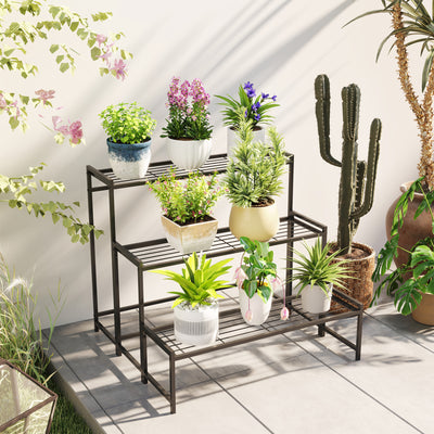 Outsunny Three-Tier Metal Plant Shelf - Black 