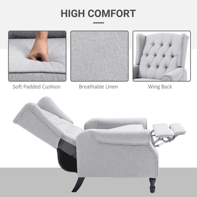 HOMCOM Recliner Armchair, Vintage Reclining Chair with Nail Head Trim, Wingback Chair with Button Tufted Back and Footrest, for Living Room, Light Grey 