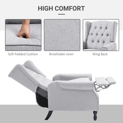 HOMCOM Recliner Armchair, Vintage Reclining Chair with Nail Head Trim, Wingback Chair with Button Tufted Back and Footrest, for Living Room, Light Grey