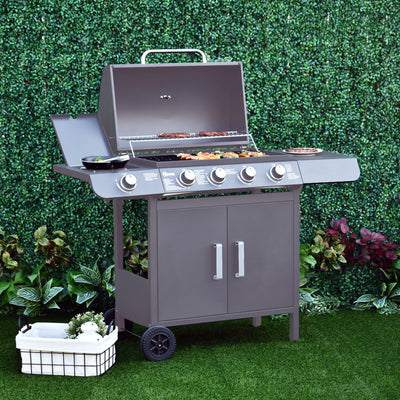 Outsunny 4+1 Burner Gas BBQ Grill, Outdoor Barbecue Trolley with Wheels, Warming Rack, Side Shelves, Cabinet, Thermometer for Garden, Party, Camping, 125 L x 51 W x 100 H cm, Grey 