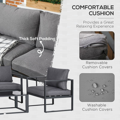 Outsunny 4 Pieces Garden Sofa Set 2 Single Armchair 1 Bench & Side Table Set Aluminium Frame Patio Furniture with Cushions Grey 