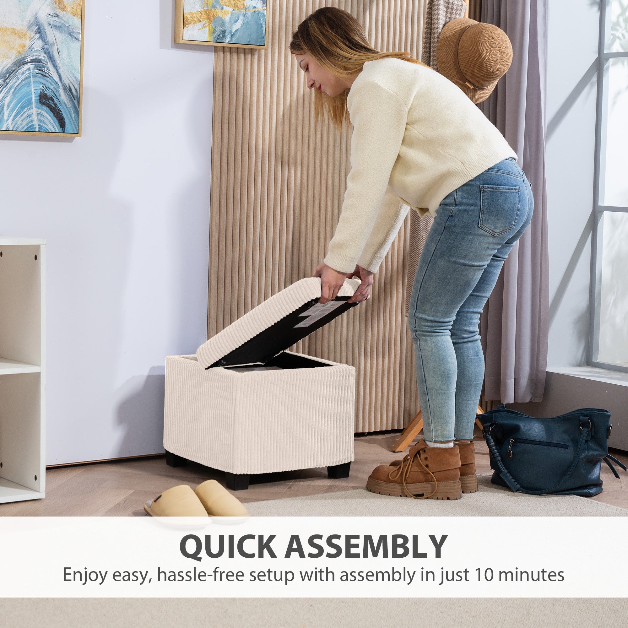 HOMCOM Storage Ottoman Bench, Corduroy Footstool with Removable Lid and Legs, 40cm Storage Chest Box for Living Room, Bedroom, Hallway, Beige 