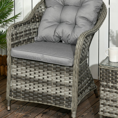 Outsunny 3 Pieces Rattan Bistro Set, Wicker Garden Bistro Set, Glass Top Balcony Table and Chairs with Cushions for Outdoor, Patio, Balcony, Grey 
