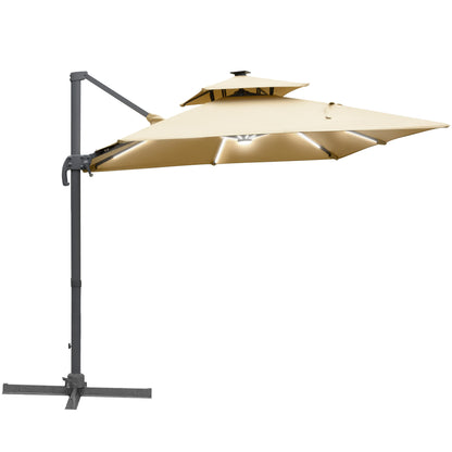 Outsunny 3m Cantilever Parasol, Outdoor Offset Patio Umbrella, Solar LED Lighted Hanging Sun Shade Canopy with Tilt and Crank Handle, Cross Base for Lawn, Khaki 