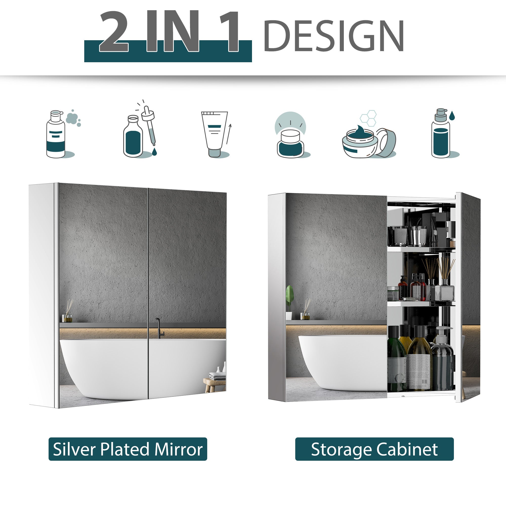 HOMCOM Bathroom Mirror Cabinet, Stainless Steel Wall Mounted  Bathroom Storage Cabinet with Double Doors, 60x55cm 