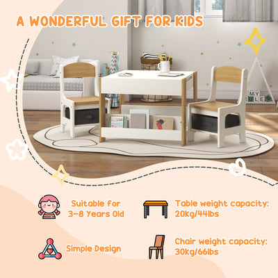 HOMCOM Three-Piece Kids Table and Chair Set with Blackboard, Storage, Bookshelves - Natural Wood 