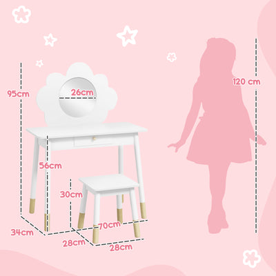 AIYAPLAY Kids Dressing Table with Mirror, Stool, Drawer, Cloud Design, White 