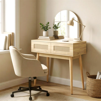 HOMCOM Dressing Table, Compact Vanity Desk with Mirror and 2 Drawers, Natural Wood Finish 