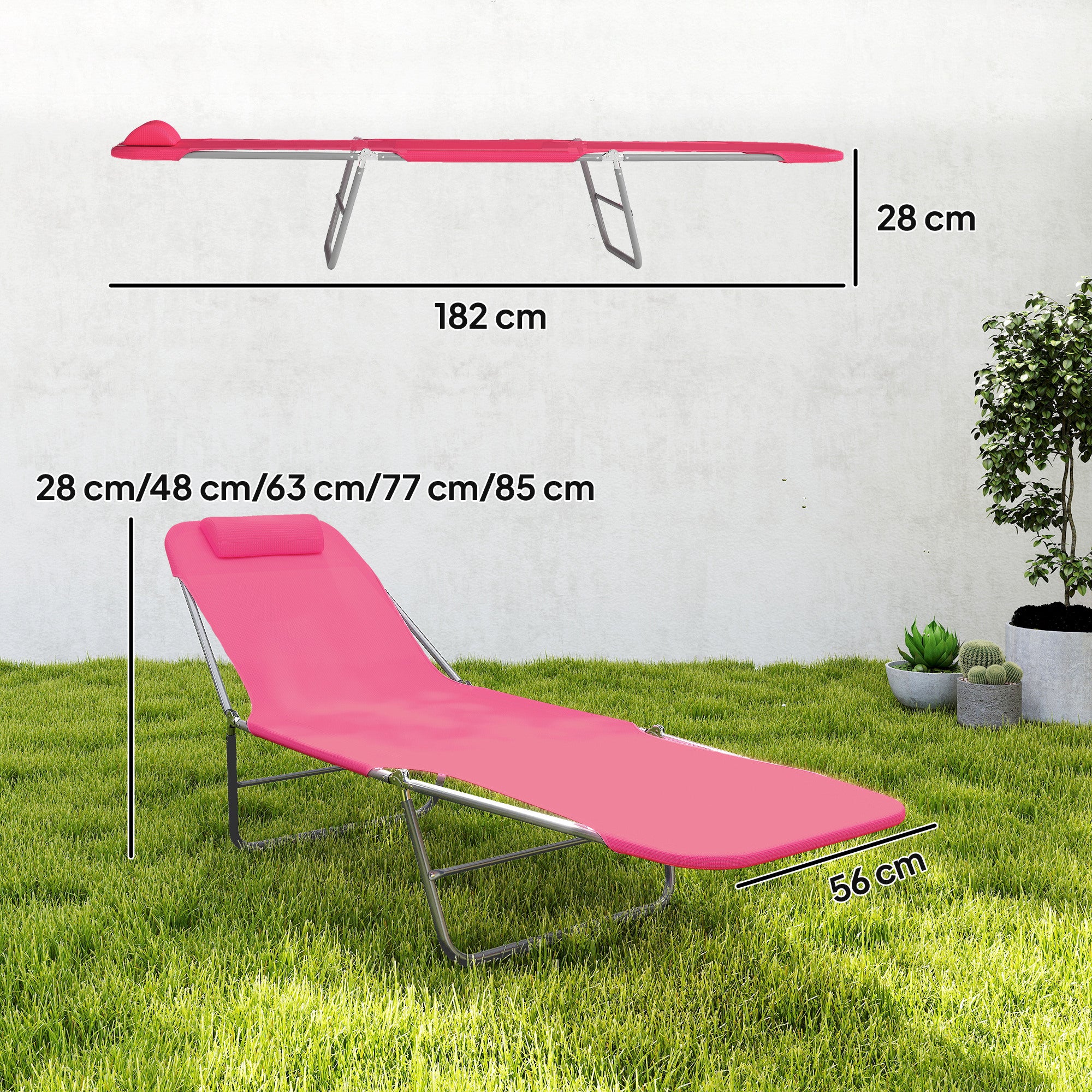 Outsunny Folding Sun Lounger with Head Pillow - Pink 