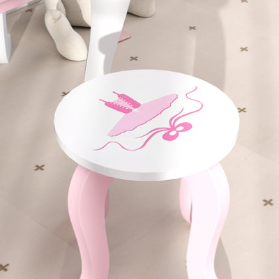 AIYAPLAY Kids Dressing Table Set, Vanity Table with Stool, Mirror, Drawer, Desktop Storage, Ballet Theme, Pink 