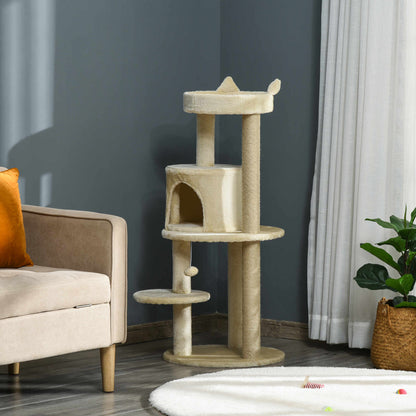 PawHut 104 cm Cat Tree, Cat Condo Tree Tower, Cat Activity Centre with Scratching Posts, Plush Perch, Hanging Ball - Cream White 