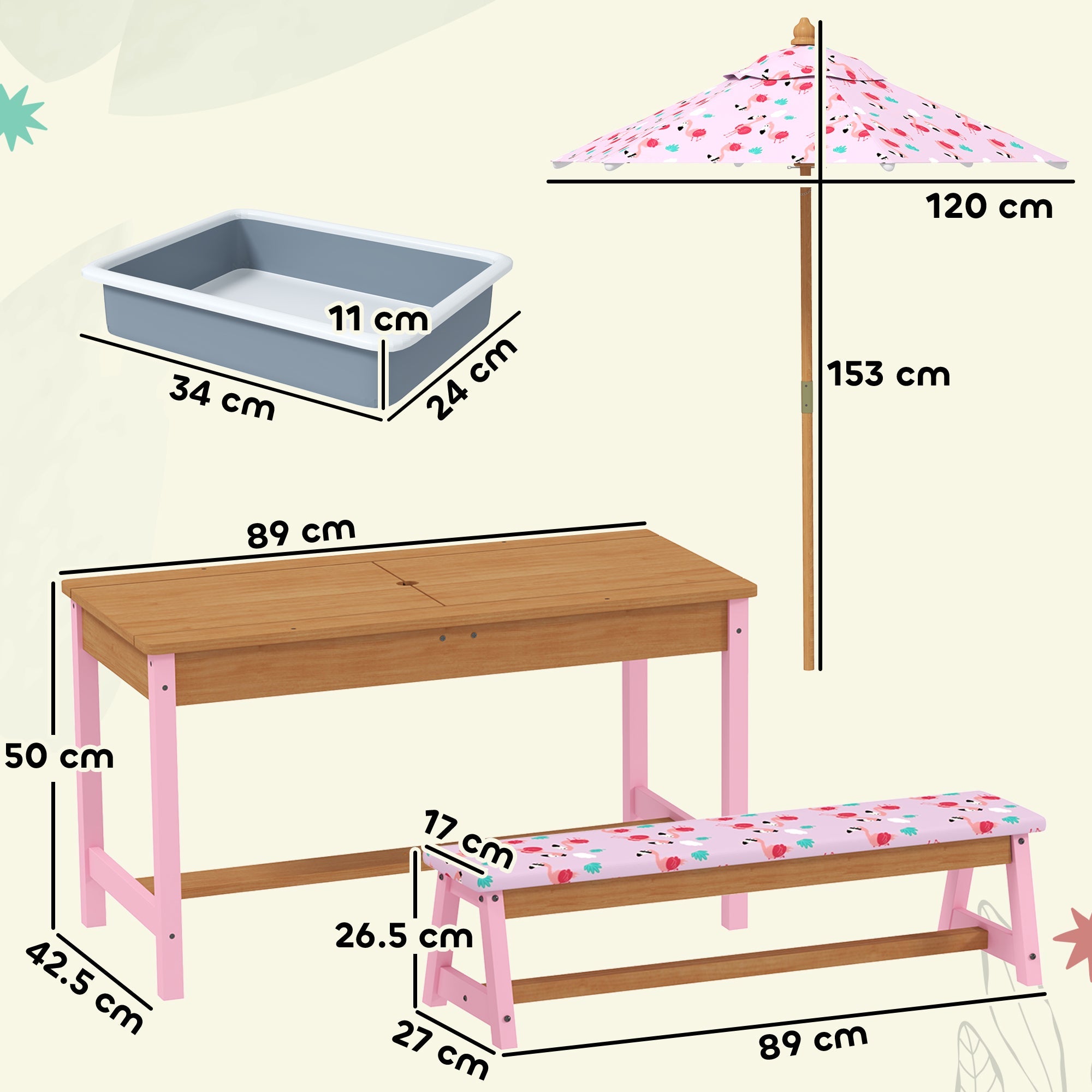 AIYAPLAY Kids Picnic Table Set with Removable & Foldable Umbrella, Cushions, Storage Boxes, Flamingo Theme, Pink 
