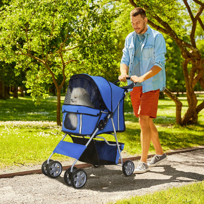 PawHut Pet Stroller for Small Miniature Dogs Cats Foldable Travel Carriage with Wheels Zipper Entry Cup Holder Storage Basket Blue 