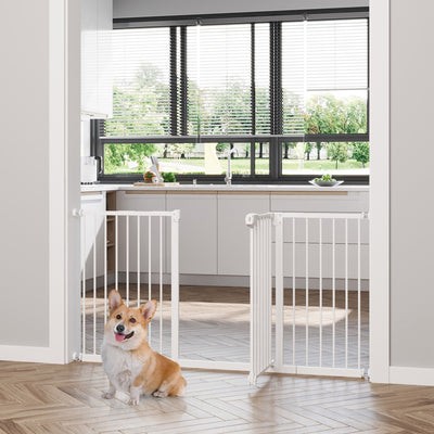 PawHut Dog Gate Stair Gate Pressure Fit Pets Barrier Auto Close for Doorway Hallway, 74-148cm Wide Adjustable, White 