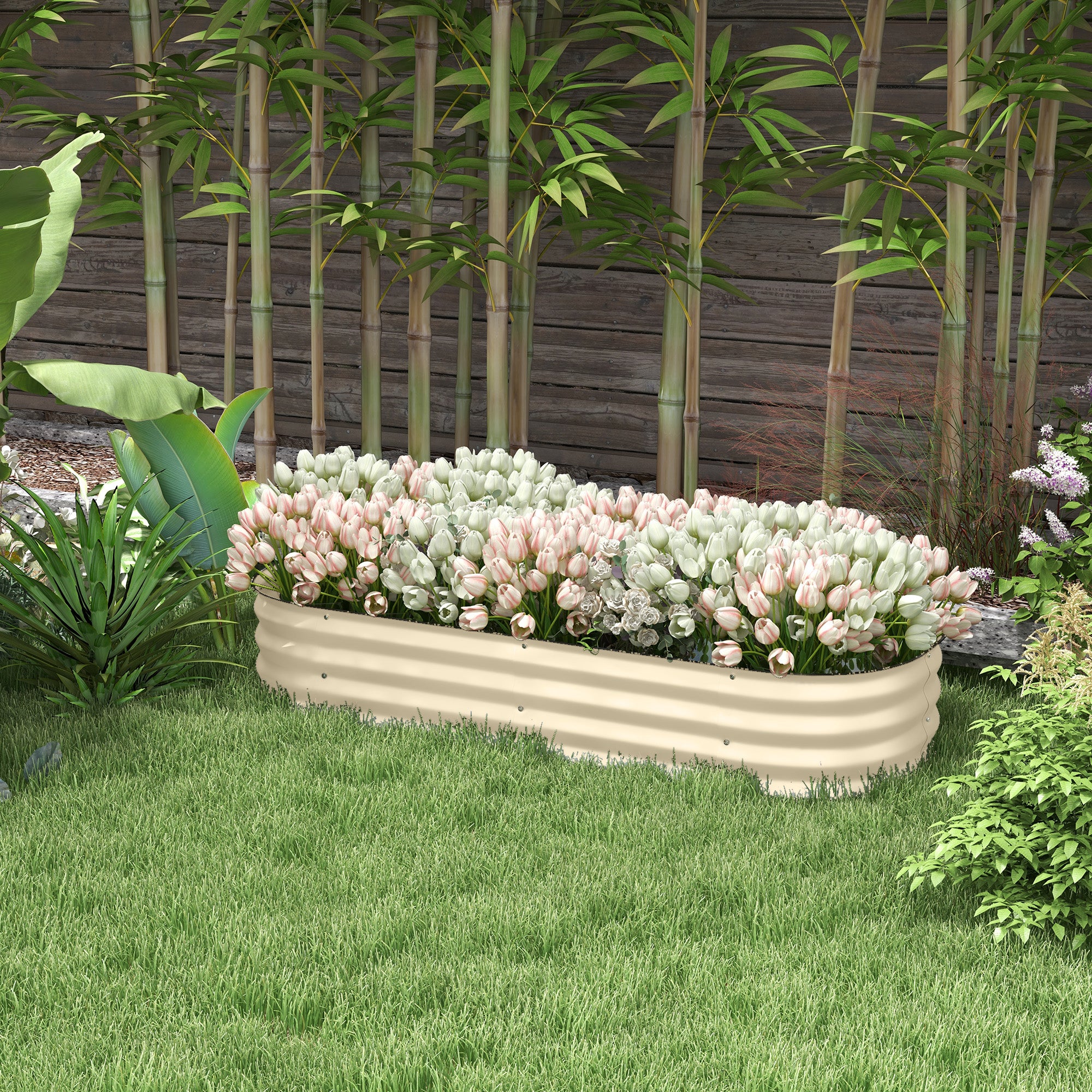 Outsunny Galvanised Raised Garden Bed, Metal Planter Box with Safety Edging, for Flowers, Herbs, Succulents, Cream White 