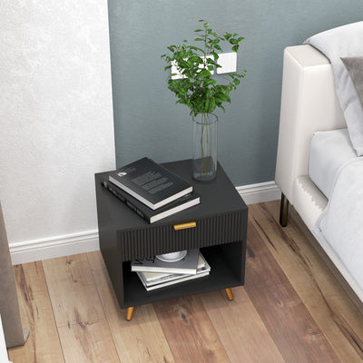 HOMCOM Elegant Bedside Table Set of 2, with Drawer and Shelf - Black/Gold Tone 