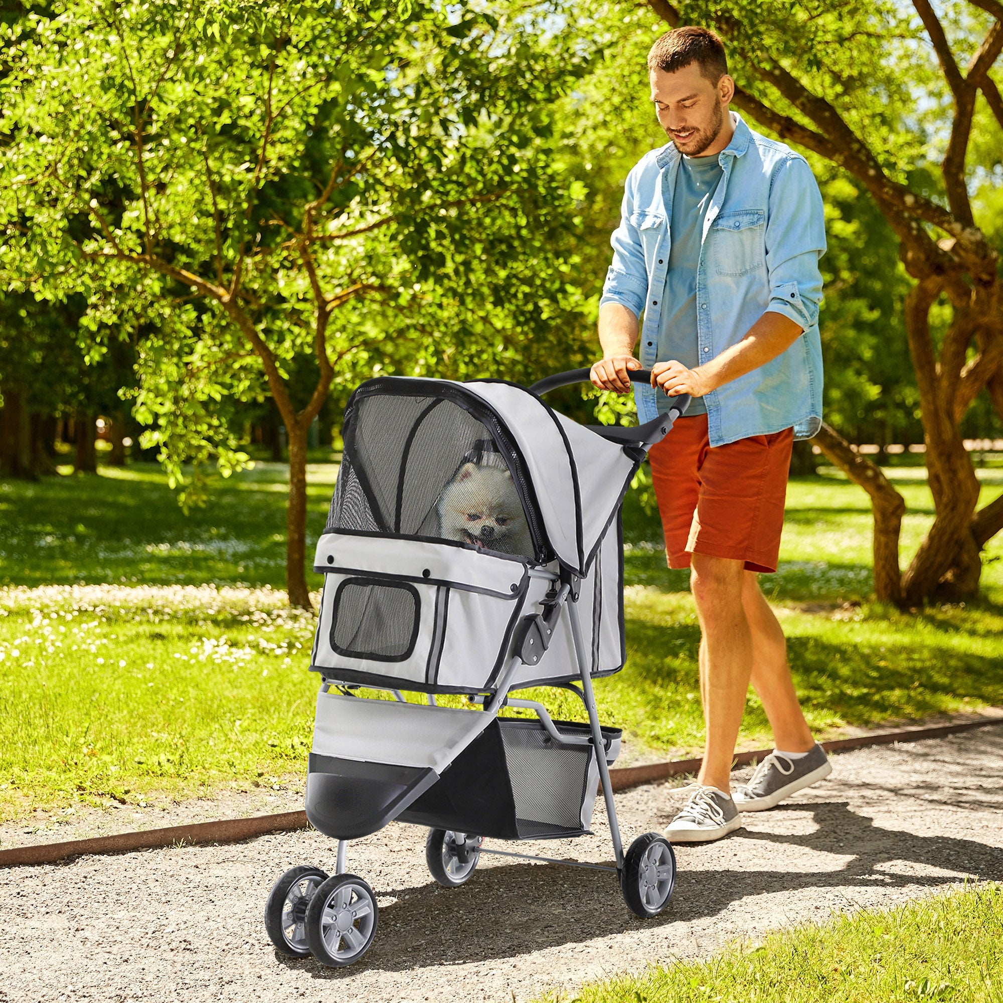PawHut Dog Stroller, 3 Wheels Foldable Cat Dog Pram with Cup Holder, Storage Basket, Pet Stroller for Small Miniature Dogs, Grey 