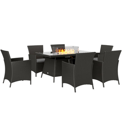 Outsunny 7 Pieces Outdoor Rattan Garden Furniture with Fire Pit Table, 6 Seater Garden Table and Chairs with Cushions, Rattan Dining Set with Propane Heater Table, Windscreen, 50,000 BTU, Black 