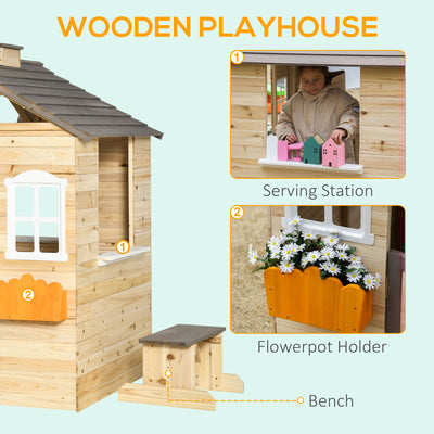 Outsunny Wooden Playhouse for Kids Outdoor Wendy House with Door, windows, Bench, Service Stations, Flowerpot Holder, For Ages 3-7 Years 