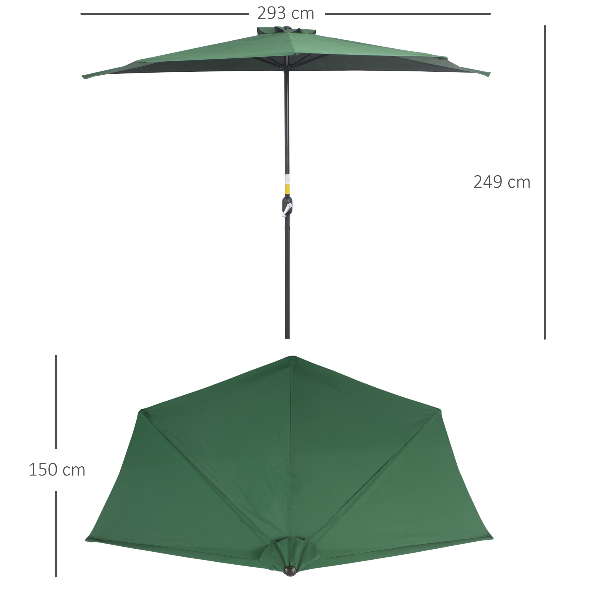 Outsunny 3(m) Half Parasol, Semi Round Umbrella with Metal Frame, Crank Handle for Balcony, Garden, Green 