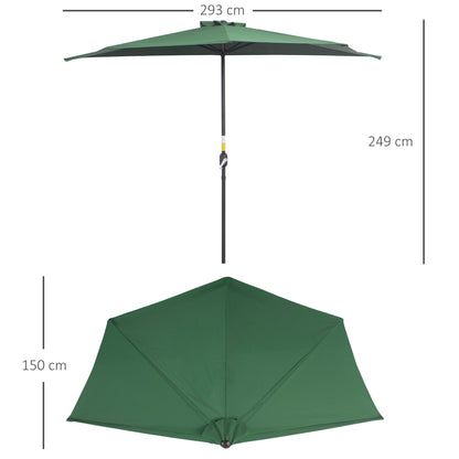 Outsunny 3(m) Half Parasol, Semi Round Umbrella with Metal Frame, Crank Handle for Balcony, Garden, Green 