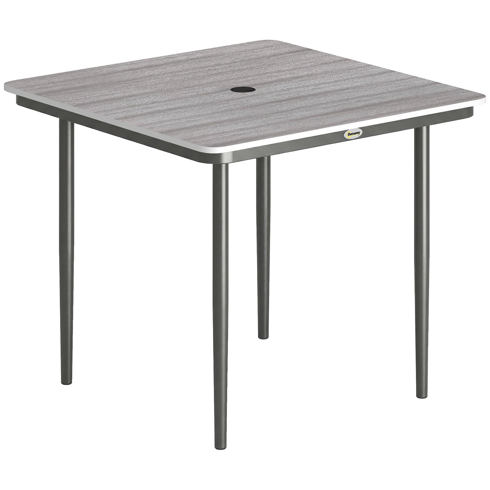 Outsunny Garden Dining Table for 4, 85 cm Square Outdoor Table with Umbrella Hole, Faux Wood Top, Metal Legs, Light Grey 