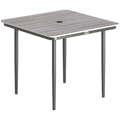 Outsunny Garden Dining Table for 4, 85 cm Square Outdoor Table with Umbrella Hole, Faux Wood Top, Metal Legs, Light Grey 
