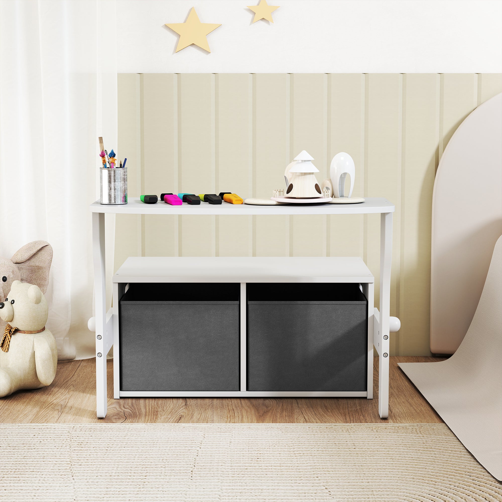 AIYAPLAY 3 in 1 Kids Storage Bench, Convertible Children Table and Chair Set with 2 Fabric Bins, Toy Storage Box, White 