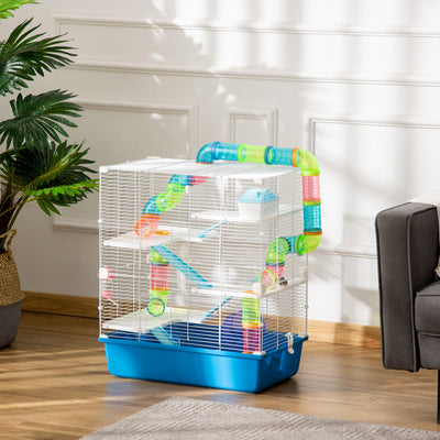 PawHut 5 Tier Hamster Cage, Gerbil Cage with Tube, Water Bottle, Exercise Wheel, Food Dish, 59L x 36W x 69H cm - Blue 