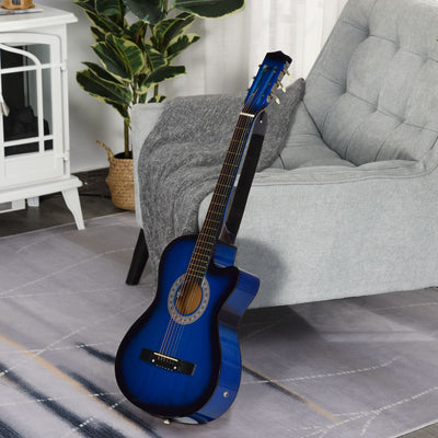 HOMCOM 38 Inch Full Size Blue Classical Acoustic Electric Guitar Kids Guitar and Junior Guitar   Premium Gloss Finish w/Case - Blue 