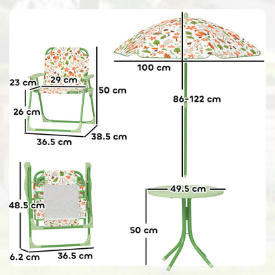 AIYAPLAY 4 Pieces Kids Garden Table and Chair Set with Adjustable Parasol, Folding Chairs, Table, Fox Pattern, Green 