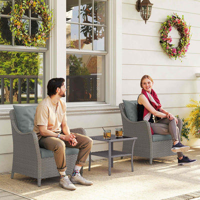 Outsunny Rattan Garden Chairs Set of 2, Outdoor Rattan Chairs with Cushions, Armrests and High Back, PE Wicker Garden Armchair with Steel Frame for Balcony, Porch, Light Grey 