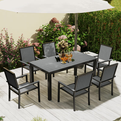 Outsunny 6 Seater Garden Dining Set with Stackable Chairs, Aluminium Frame, Rectangular Plastic Top, Garden Furniture Set, Outdoor Dining Table and Chairs for Patio, Balcony, Poolside, Grey 