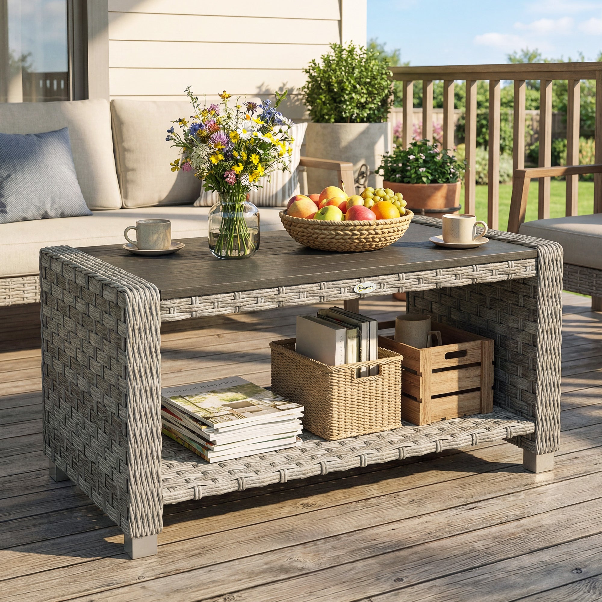 Outsunny Outdoor Coffee Table with Storage Shelf, PE Rattan Side Table with Slatted Top and Foot Pads, Grey 
