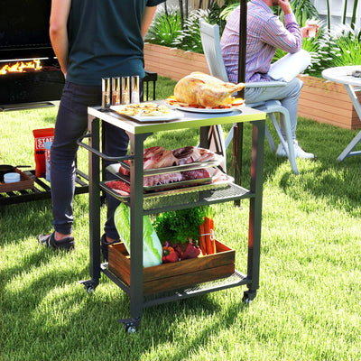 Outsunny Three-Shelf Outdoor Grill Cart with Stainless Steel Top, Outdoor Kitchen Island with 4 Wheels, 3 Hooks, Movable Food Prep Pizza Oven Table for Kitchen, Patio, Garden, 65.5 x 41 x 79 cm 