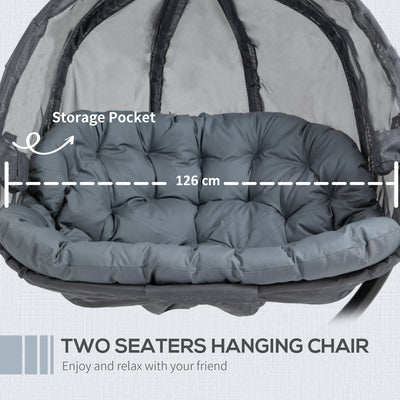 Outsunny Double Hanging Egg Chair 2 Seaters Texteline Swing Hammock Chair with Stand, Cushion and Folding Design, for Indoor and Outdoor, Grey 