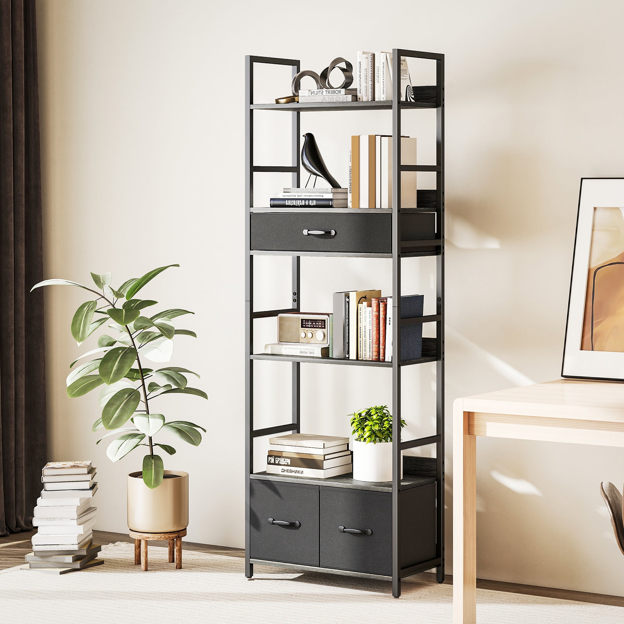HOMCOM Industrial Style Bookcase, with 4 Shelves and 3 Fabric Drawers - Grey/Black 