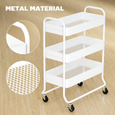 HOMCOM 3-Tier Storage Trolley on Wheels, Rolling Utility Cart with Mesh Backets for Kitchen, Bathroom, Bedroom, White 