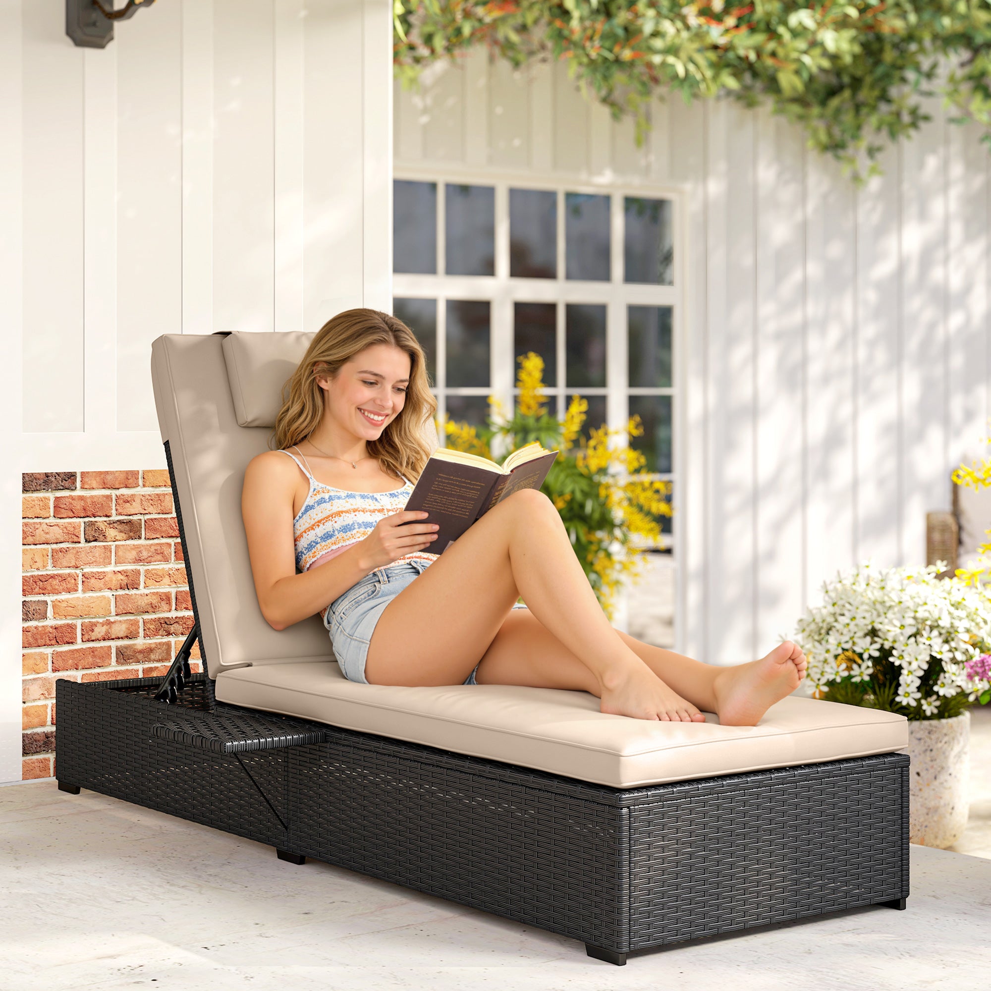 Outsunny Rattan Sun Lounger with 5-Level Reclining Back Side Tray and Cushion, Black 